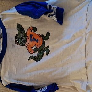 Women's White & Blue Raglan Long-Sleeve Tee with Green Alligator Graphic